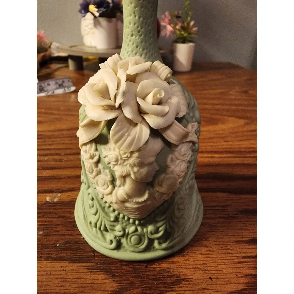 Vintage Sage Green & Ivory Cameo Collectible Bell Jasperware